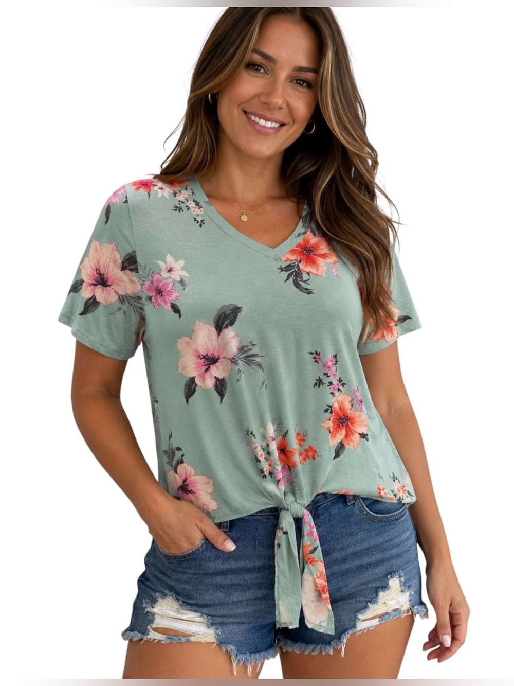 EVRI Floral Tie Botton V-Neck Short Sleeve Top NWT